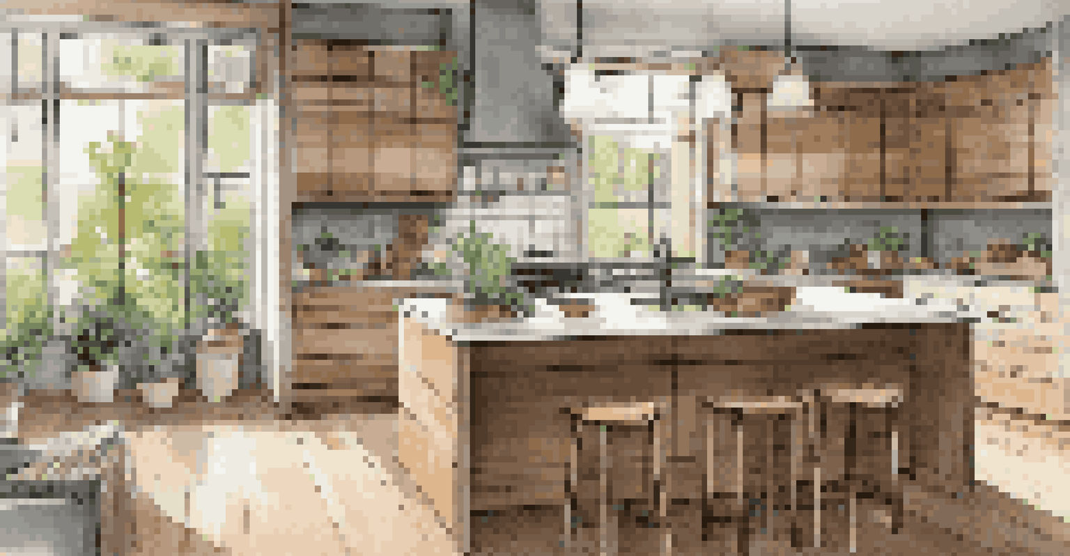 An eco-friendly kitchen with reclaimed wood cabinets, energy-efficient appliances, and a quartz countertop, illuminated by natural light.