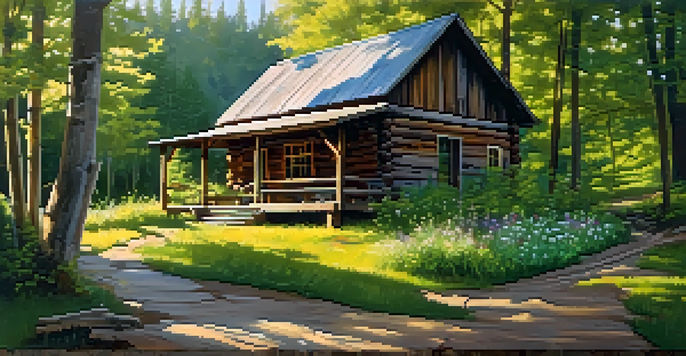 A rustic cabin made of reclaimed barn wood in a forest with sunlight filtering through the trees and wildflowers in the foreground.