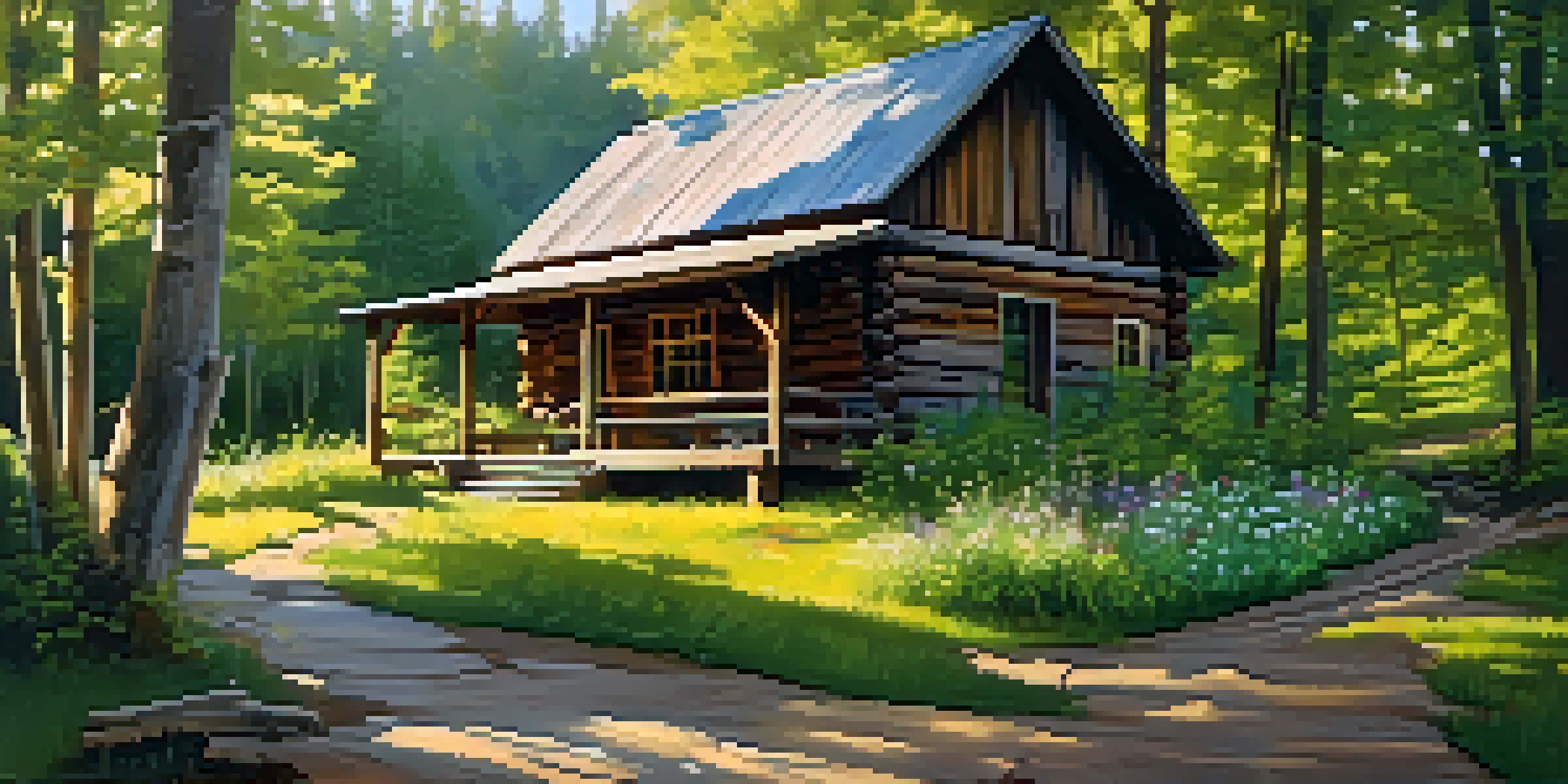A rustic cabin made of reclaimed barn wood in a forest with sunlight filtering through the trees and wildflowers in the foreground.