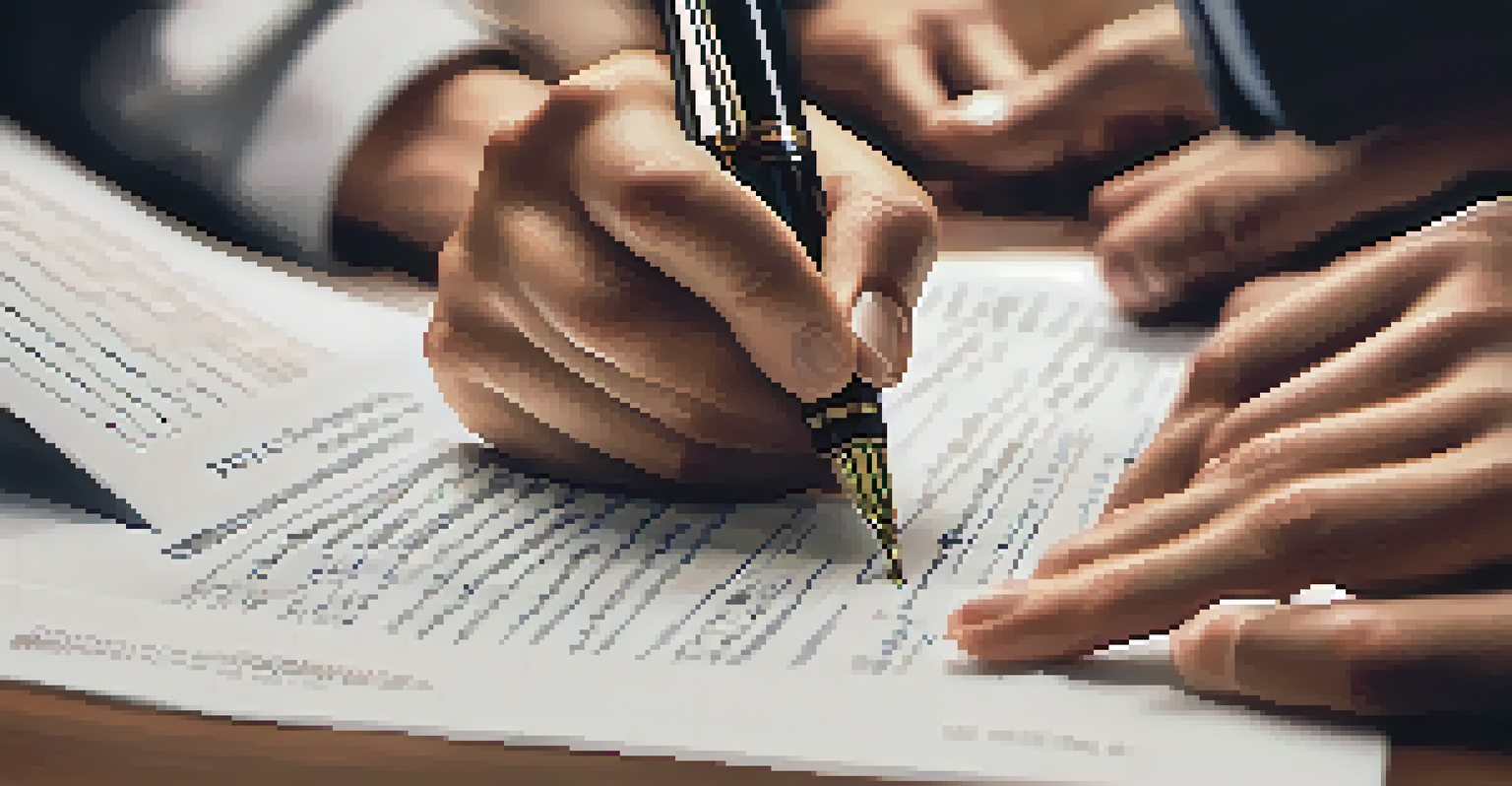 Close-up of hands signing a closing document with a fountain pen, emphasizing the significance of the transaction.