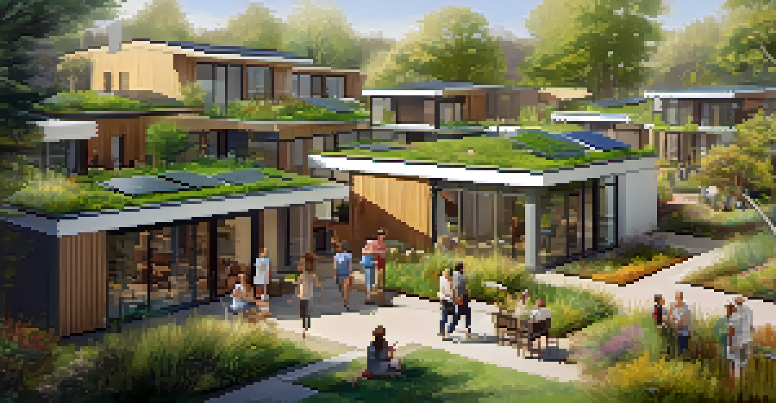 A community of eco-friendly homes with green roofs and shared gardens, highlighting community interaction.