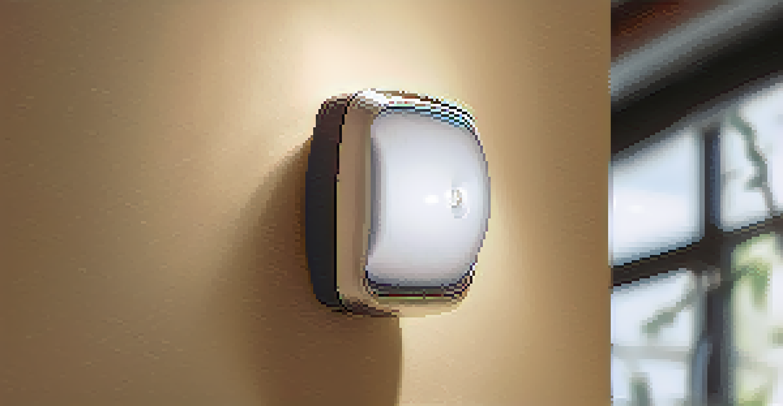 Close-up of a motion-sensor light fixture on a wall with a clean lens and blurred garden background.