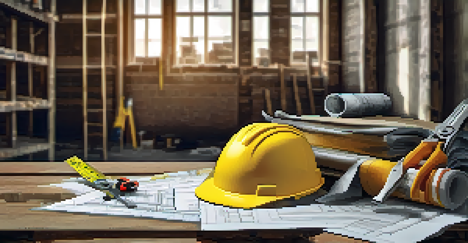 Hands holding a blueprint and hard hat on a table with construction tools and a renovation site in the background.