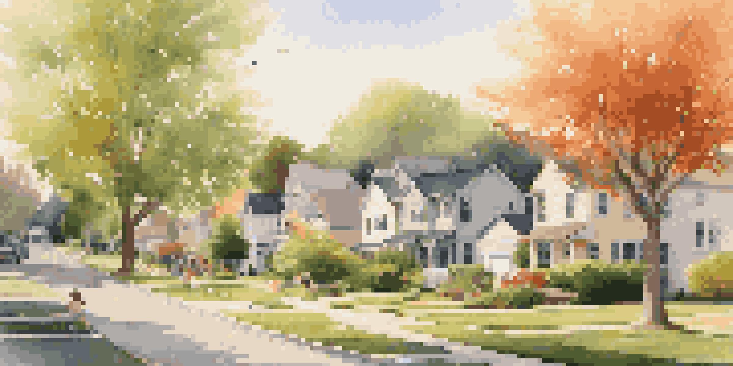 A peaceful suburban neighborhood with residential homes, a park, and children playing during golden hour.