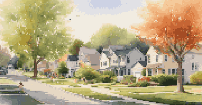 A peaceful suburban neighborhood with residential homes, a park, and children playing during golden hour.