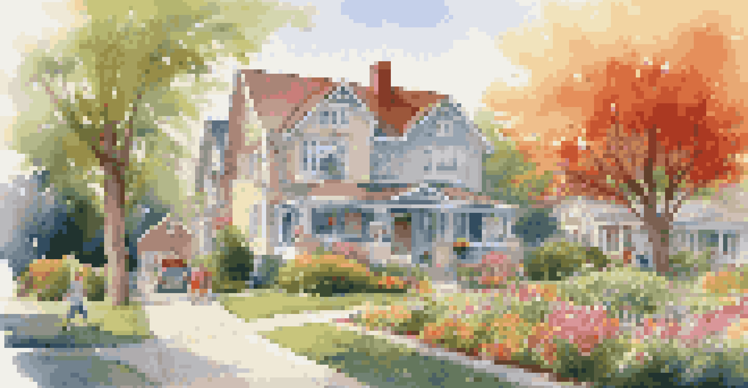 A beautiful suburban house with a flower garden and children playing in the background, highlighting community life.