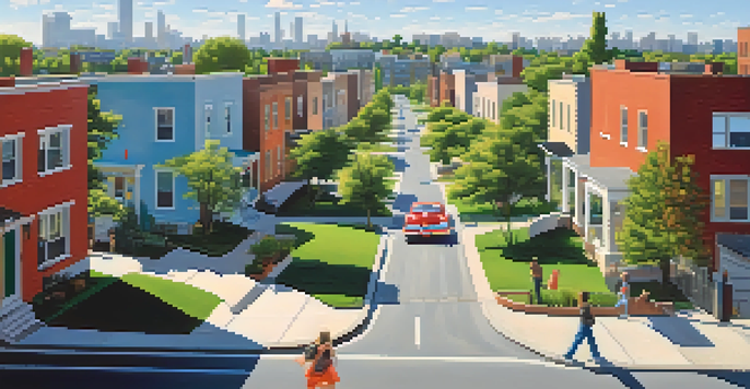 An urban neighborhood with a major highway, featuring residential homes, commercial buildings, parks, and cars on the road under a blue sky.