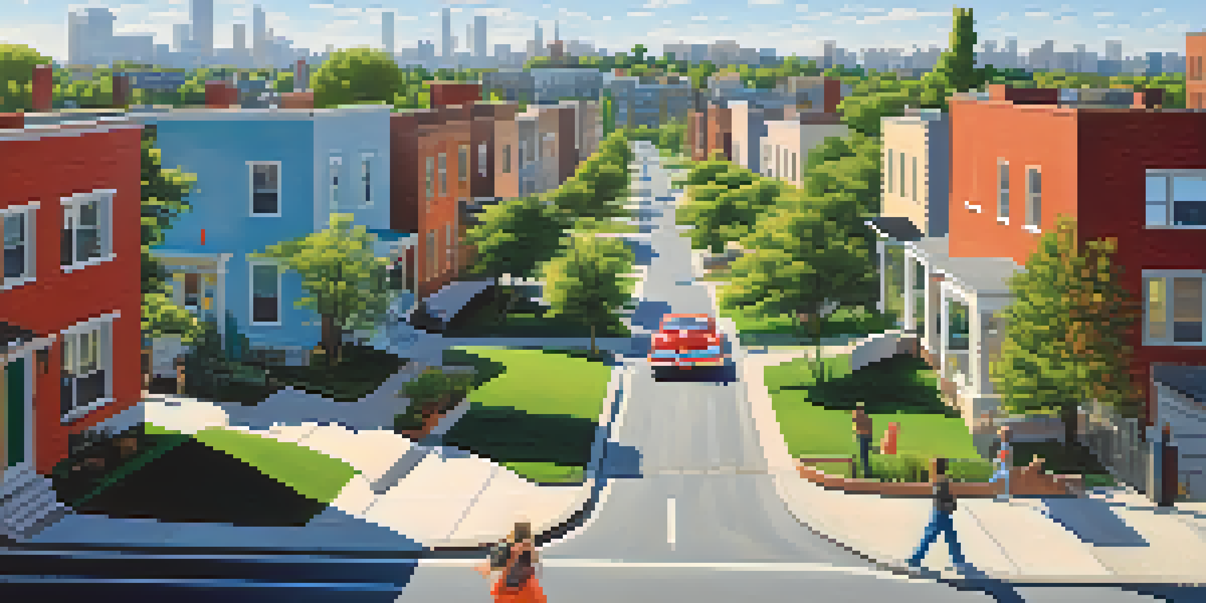 An urban neighborhood with a major highway, featuring residential homes, commercial buildings, parks, and cars on the road under a blue sky.