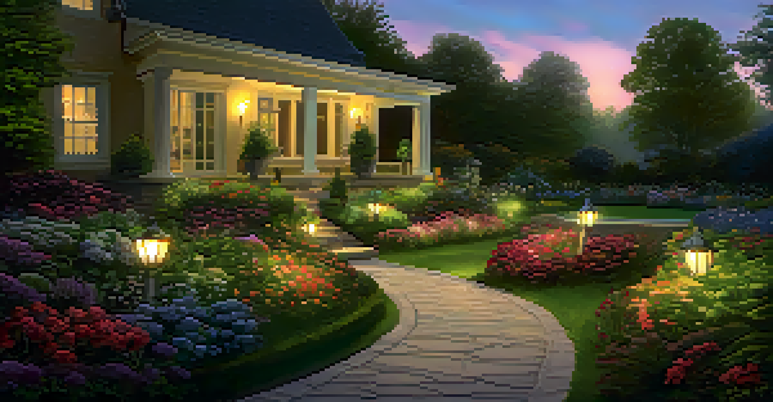 A garden with glowing outdoor lights illuminating pathways and flowers during twilight.