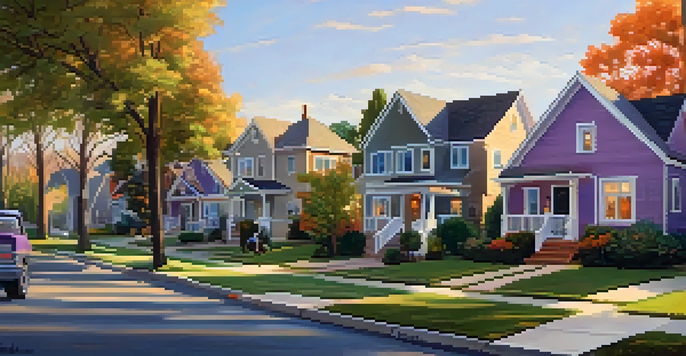 A peaceful suburban neighborhood with homes and children playing at sunset.