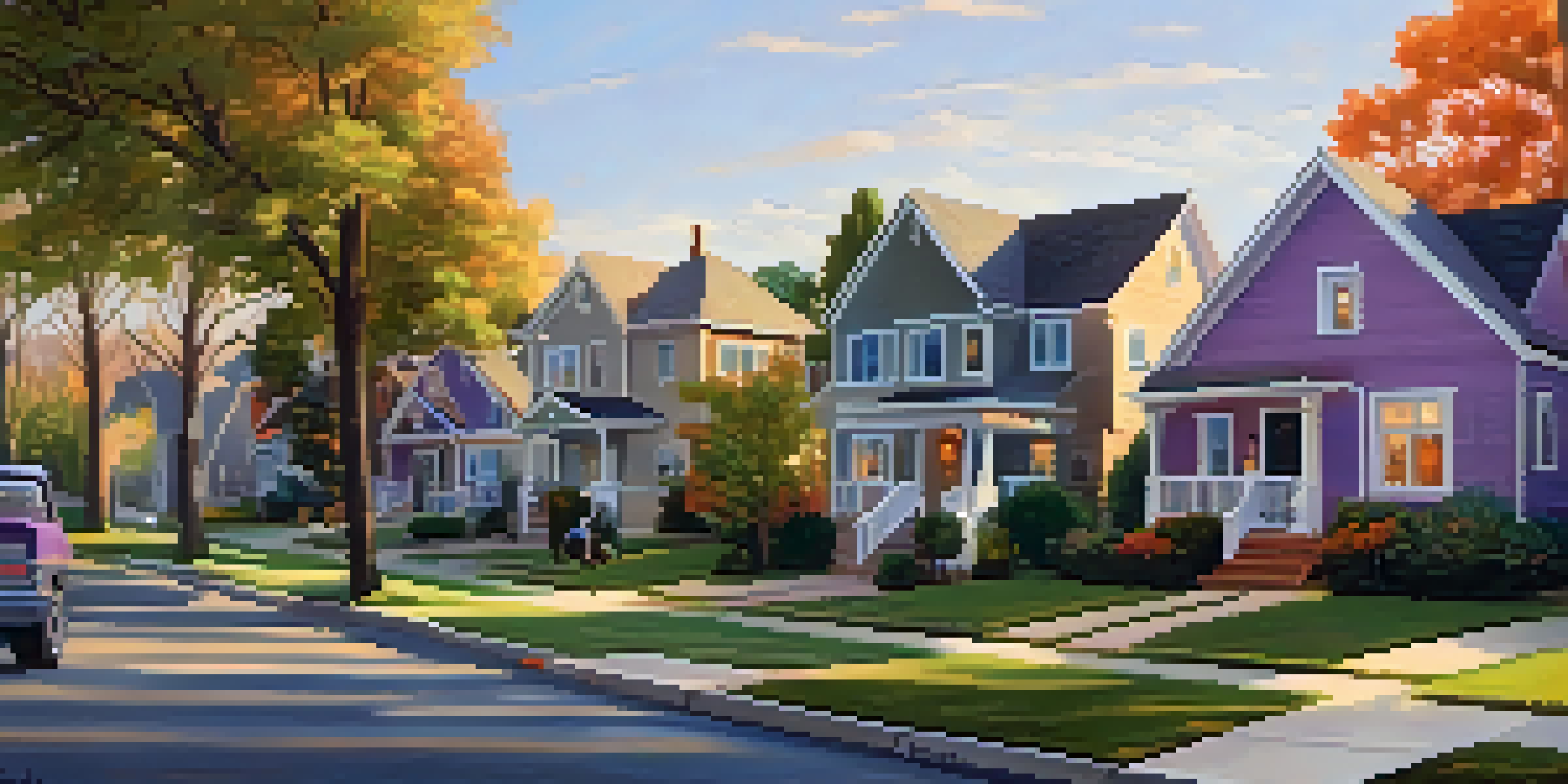 A peaceful suburban neighborhood with homes and children playing at sunset.
