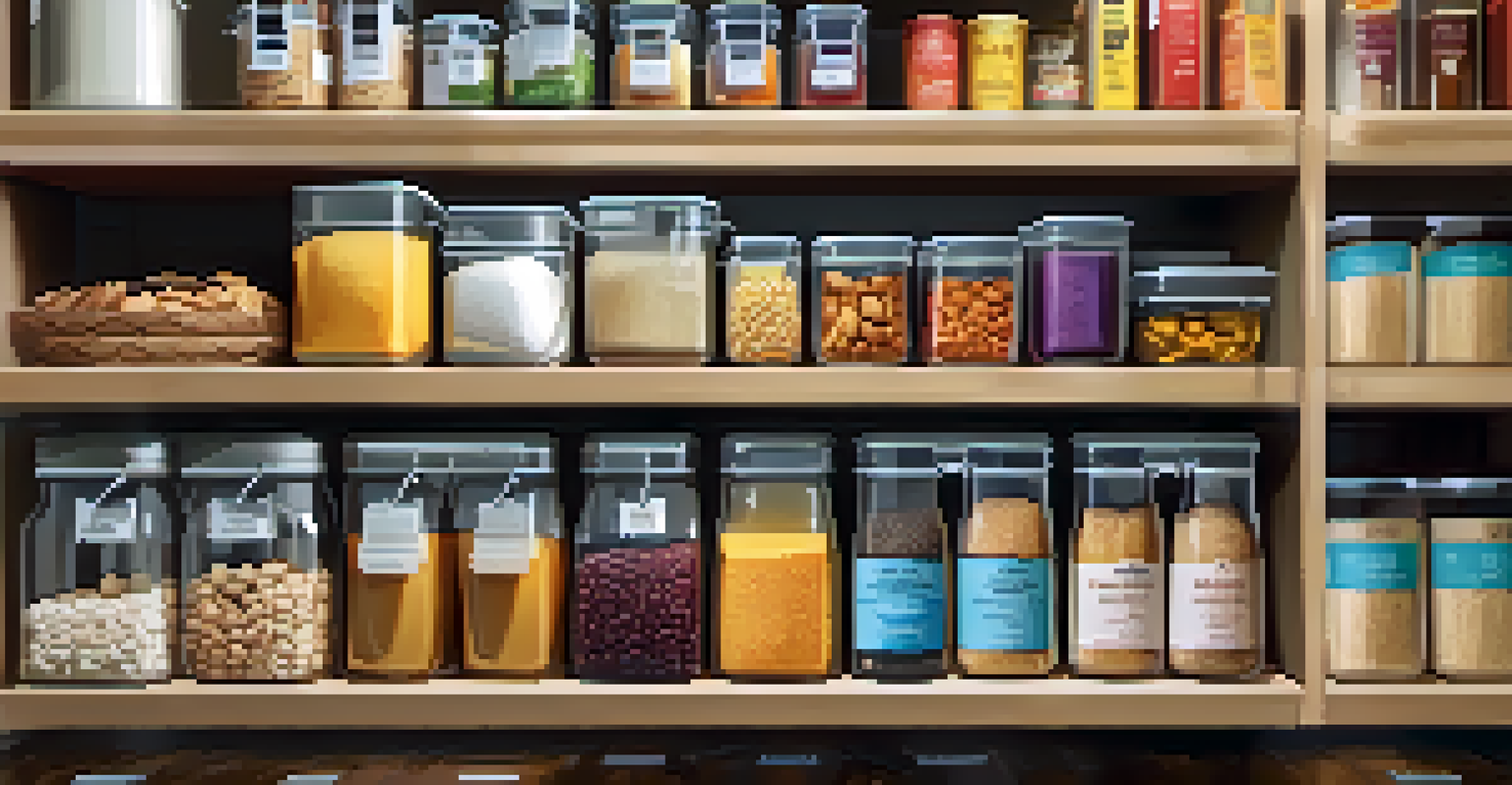 A well-organized pantry with labeled bins and clear containers, filled with snacks and ingredients, illuminated by warm light.