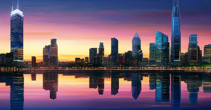 A diverse group of investors discussing real estate crowdfunding in front of a city skyline at dusk.