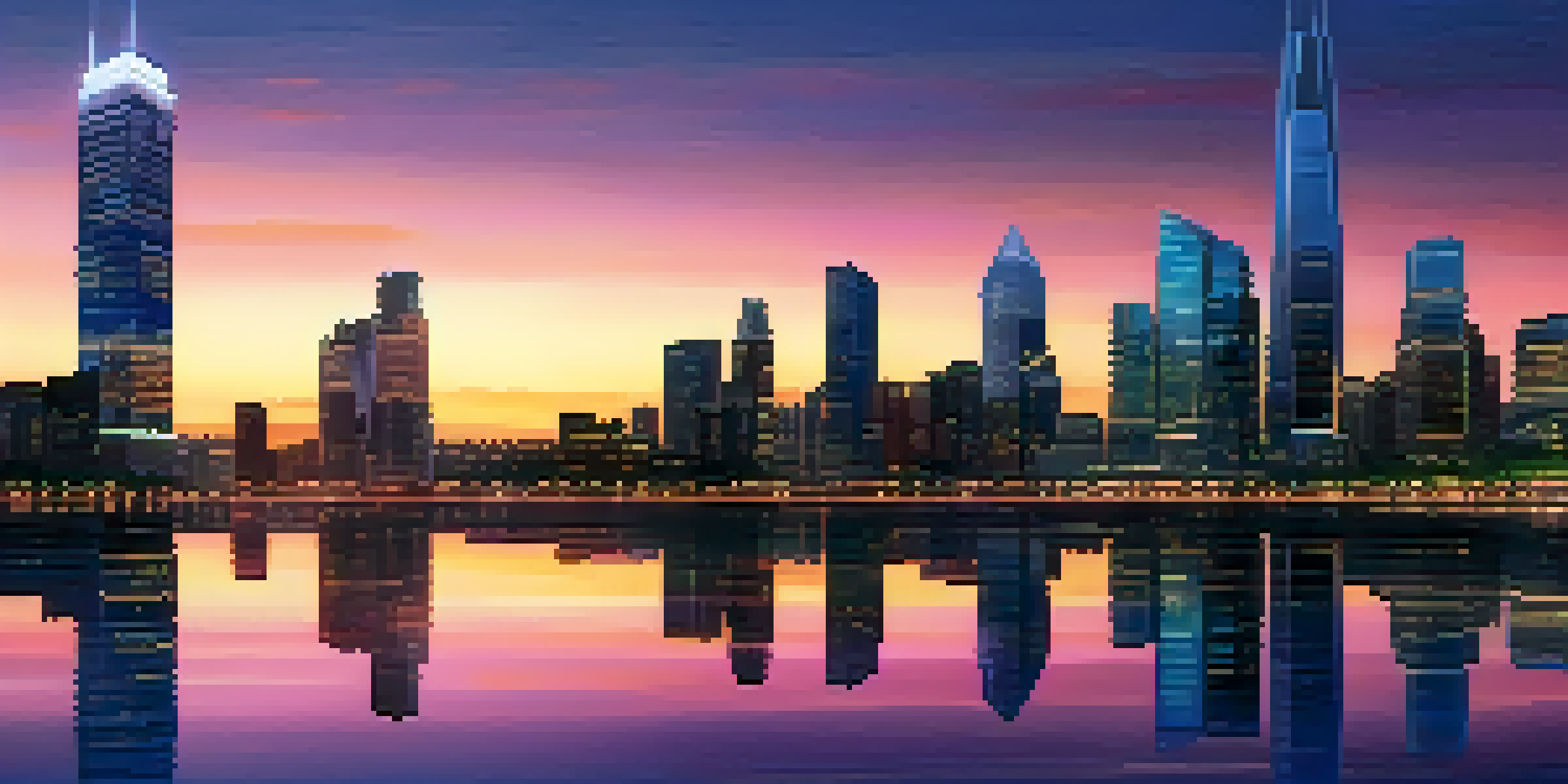 A diverse group of investors discussing real estate crowdfunding in front of a city skyline at dusk.