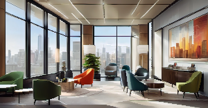 A bright and modern real estate office interior with a city view, featuring comfortable seating and artistic decor.