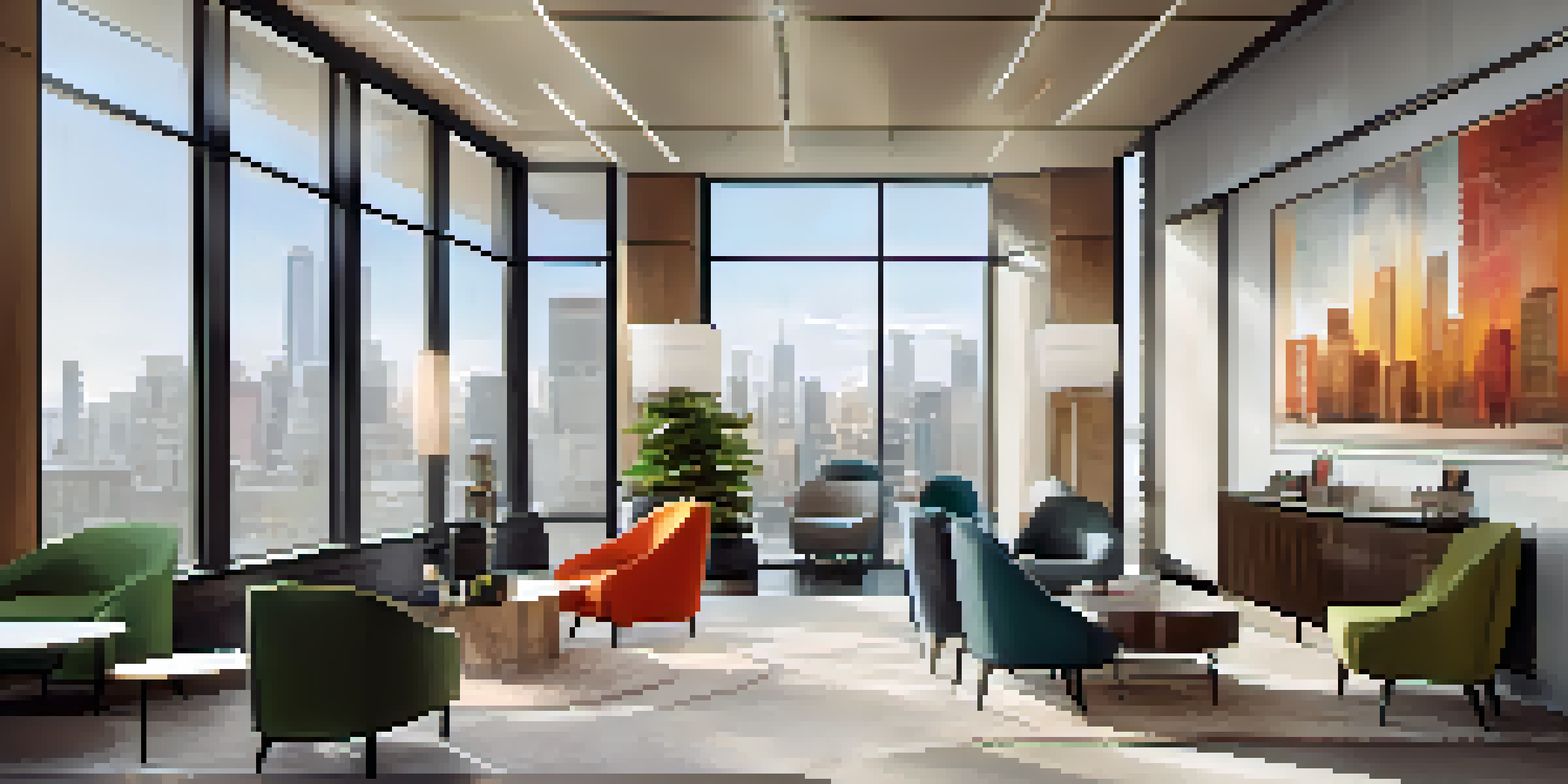 A bright and modern real estate office interior with a city view, featuring comfortable seating and artistic decor.