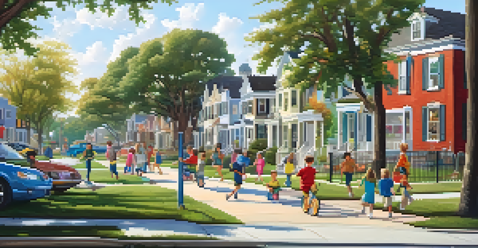 A lively neighborhood street with charming houses and a community park in the background, featuring children playing and adults walking.