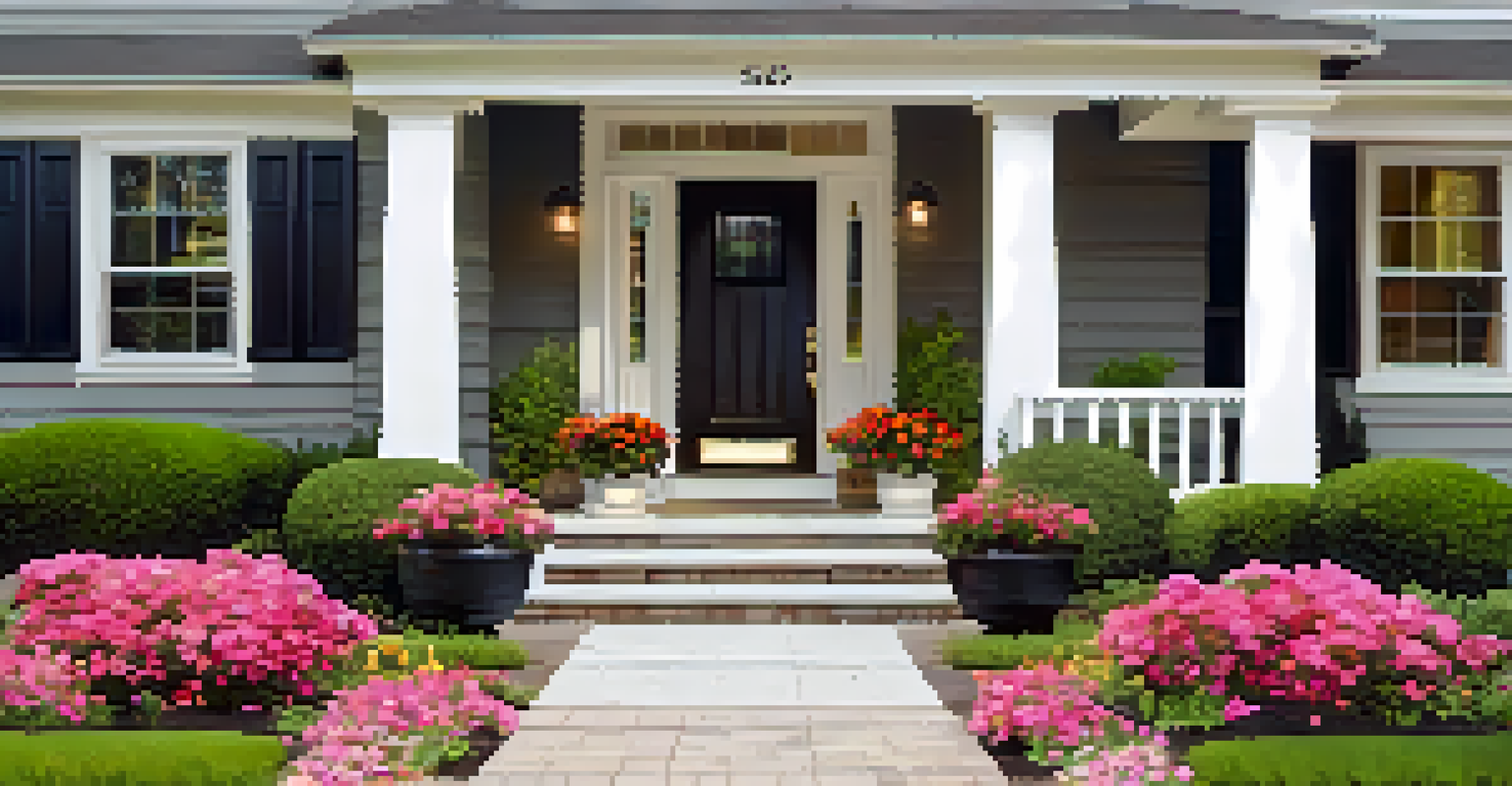 An inviting front yard with colorful flowers, trimmed bushes, a freshly painted front door, and a 'For Sale' sign, highlighting curb appeal.