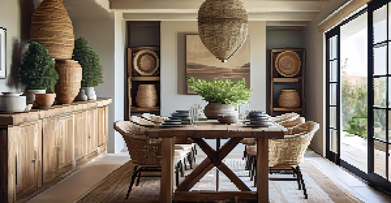 An elegant dining area with handcrafted pottery and a reclaimed wood table, illuminated by natural light through large windows.