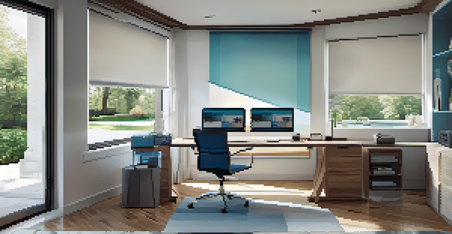 A contemporary home office with automated blinds and soundproofing, filled with natural light and sleek multi-functional furniture.