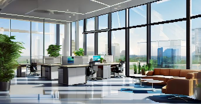 A bright and modern commercial real estate office with glass windows and stylish furniture, illuminated by natural light.