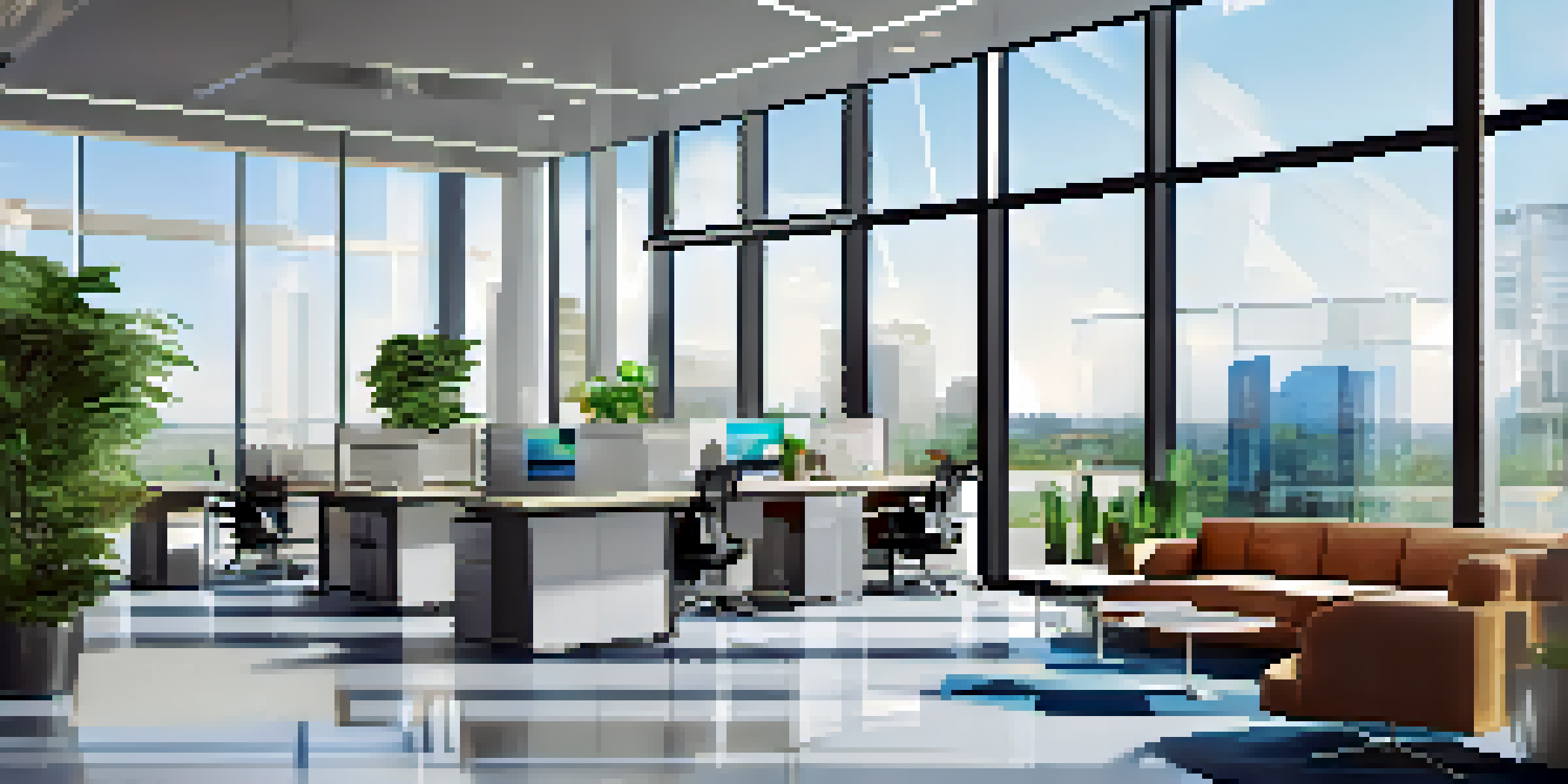 A bright and modern commercial real estate office with glass windows and stylish furniture, illuminated by natural light.
