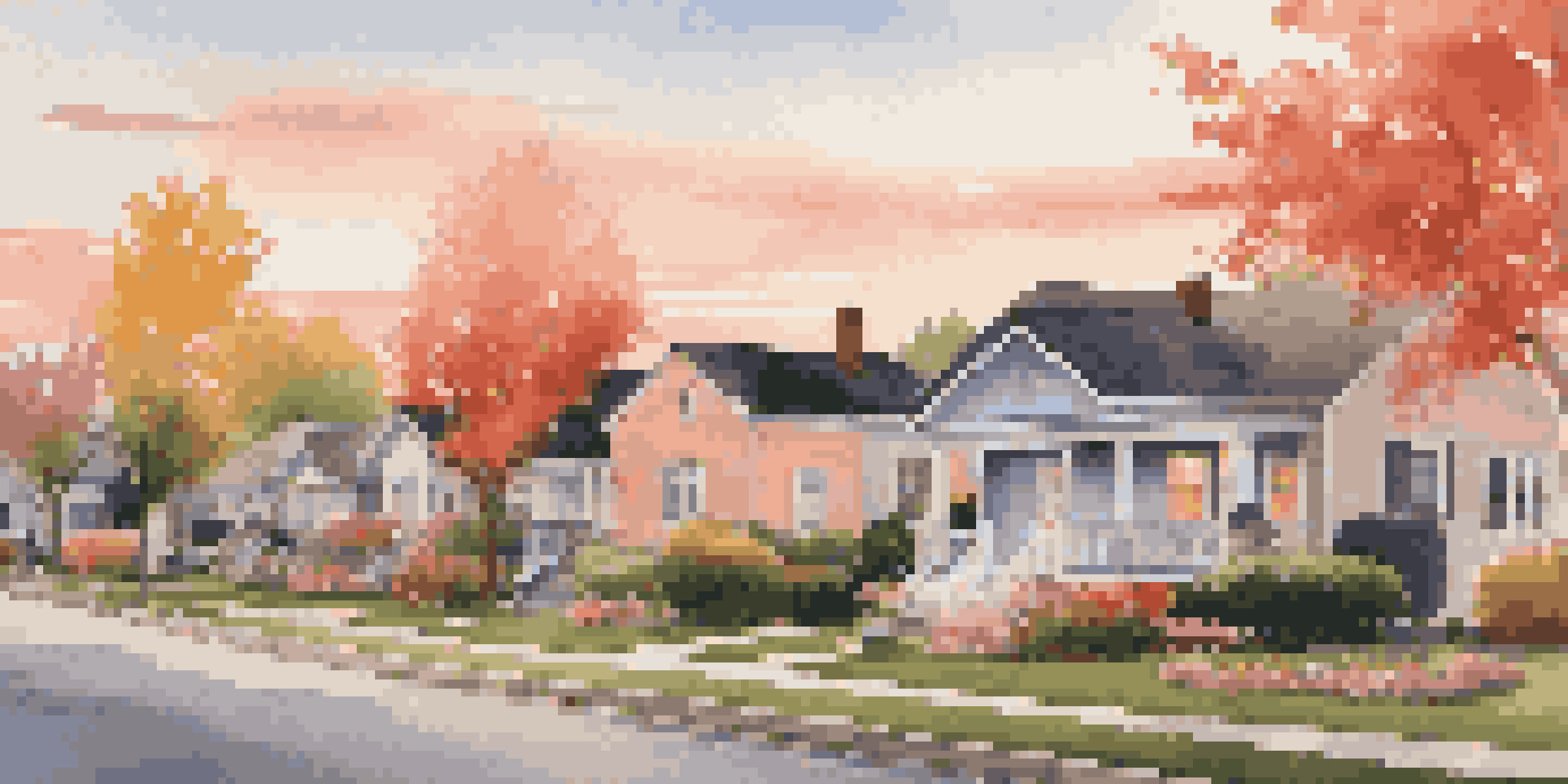 A peaceful suburban neighborhood during sunset with houses, flower gardens, and a family on their porch.