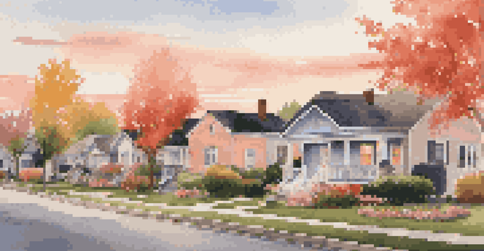 A peaceful suburban neighborhood during sunset with houses, flower gardens, and a family on their porch.