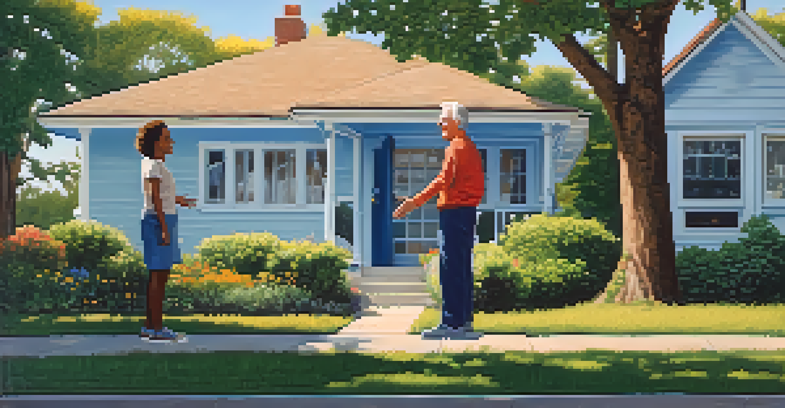 A landlord and a tenant smiling and shaking hands in front of a rental property, with trees and a blue sky in the background, showcasing a friendly relationship.