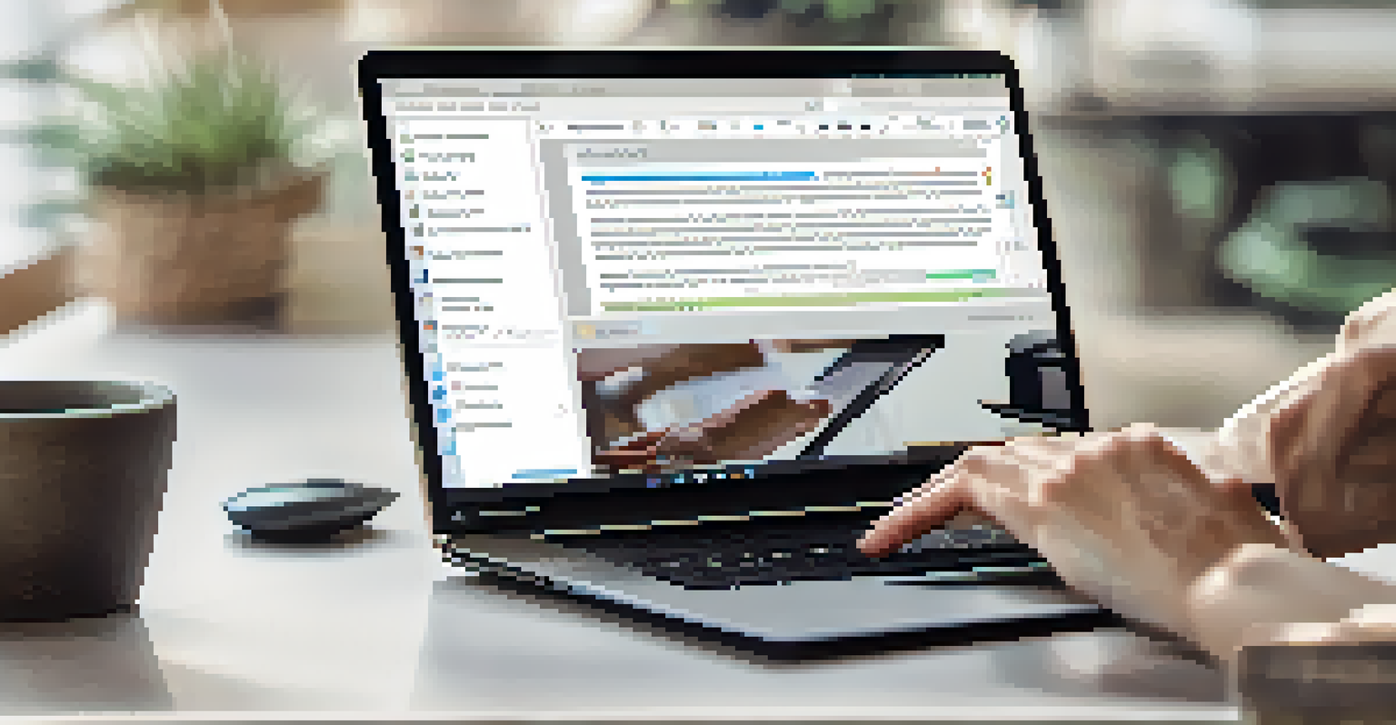 A close-up of hands typing on a laptop, with a digital accessibility evaluation tool visible on the screen, in a softly blurred workspace.