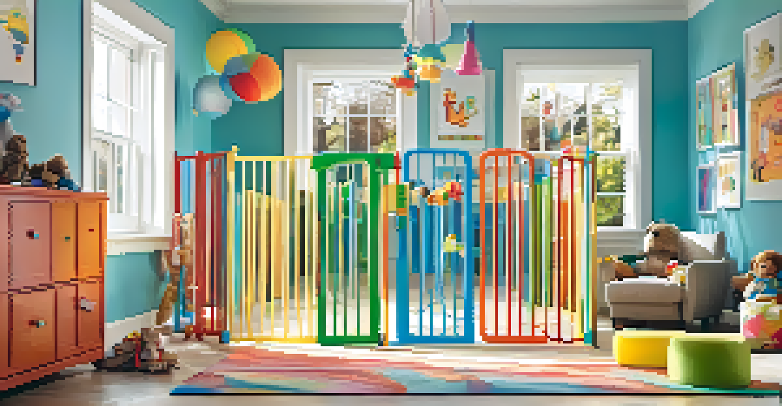 A cheerful nursery featuring a colorful plastic child safety gate, toys, and vibrant decor.