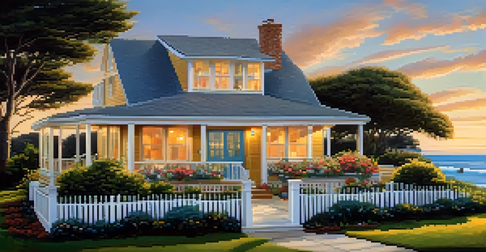 A beautiful beach house with a garden and ocean view during sunset.