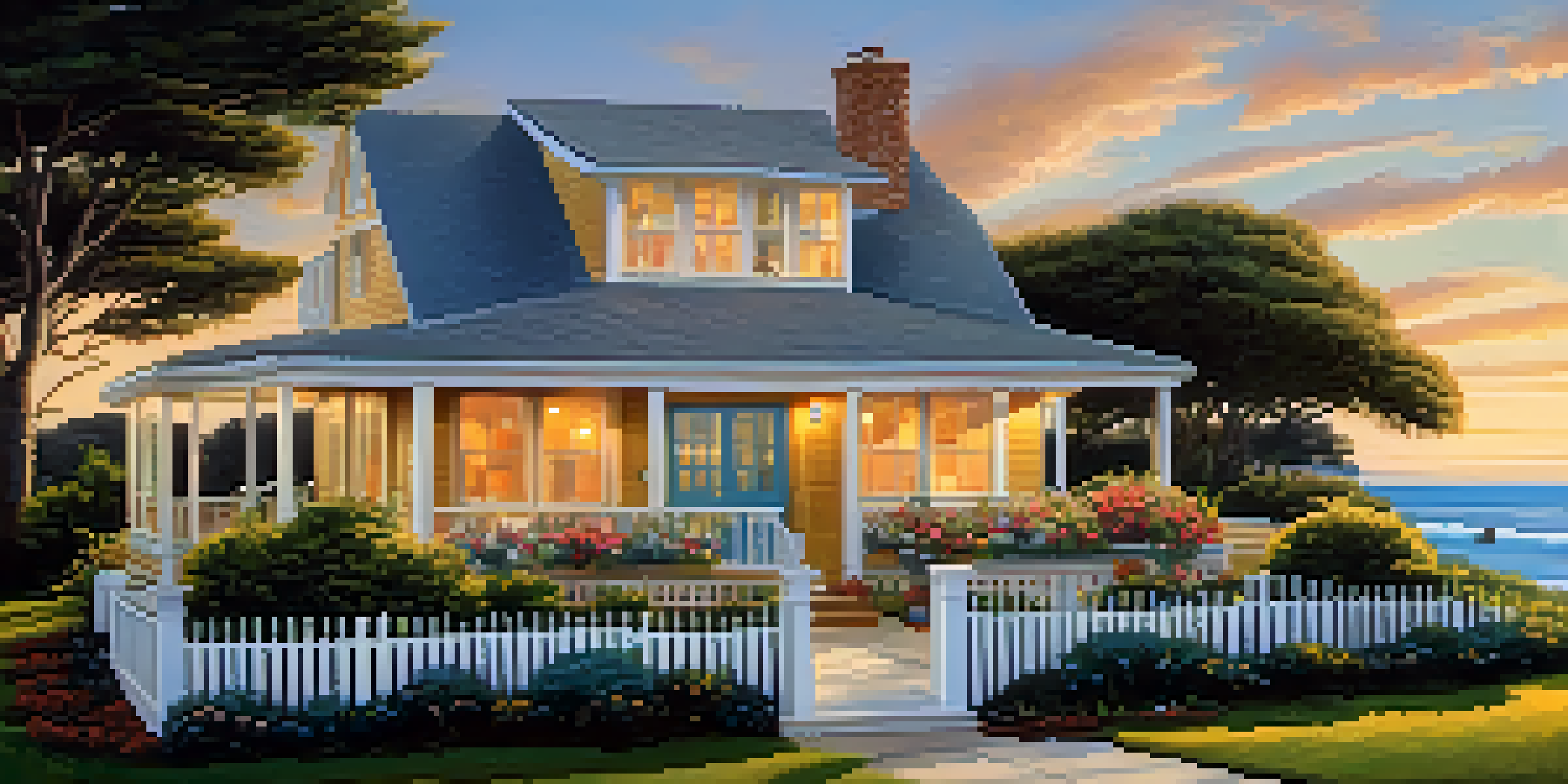 A beautiful beach house with a garden and ocean view during sunset.