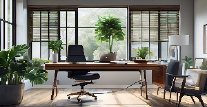 A spacious and modern home office filled with natural light, featuring a wooden desk and plants.