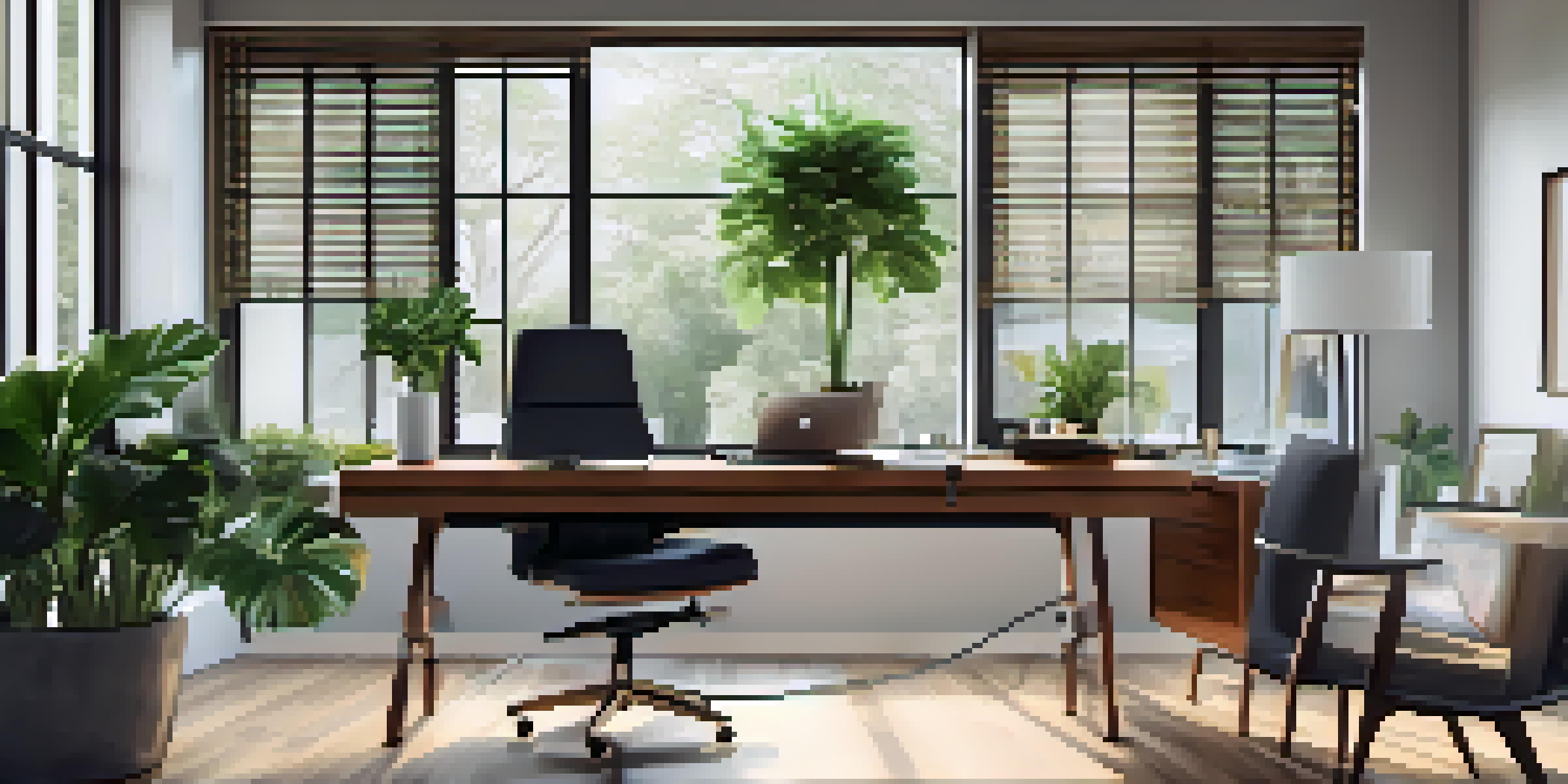 A spacious and modern home office filled with natural light, featuring a wooden desk and plants.