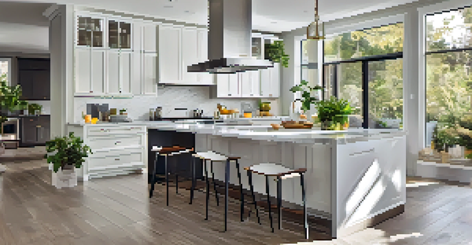 A modern kitchen with white cabinets and an open layout, filled with natural light from large windows, featuring an island and bar stools.