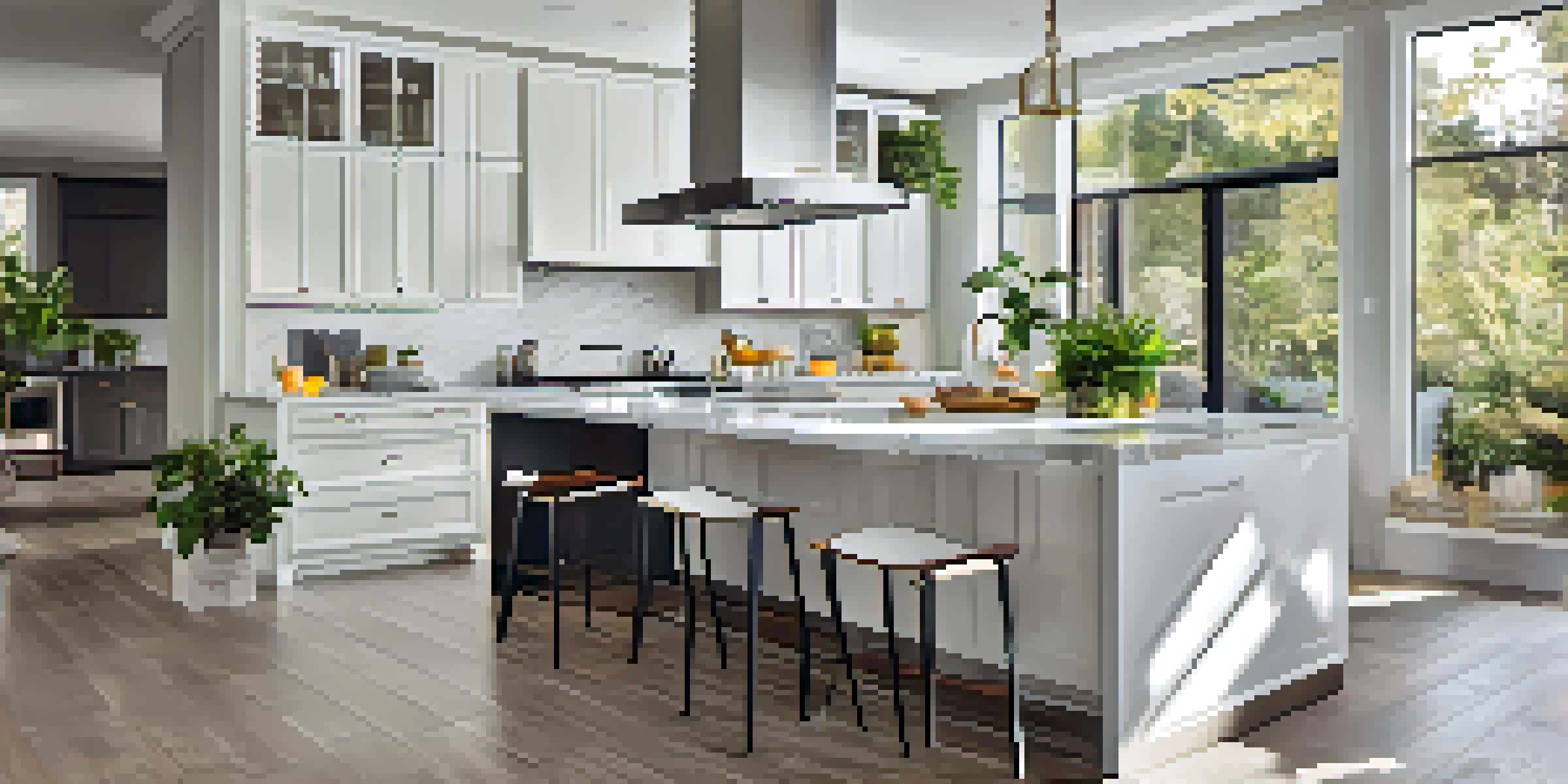 A modern kitchen with white cabinets and an open layout, filled with natural light from large windows, featuring an island and bar stools.