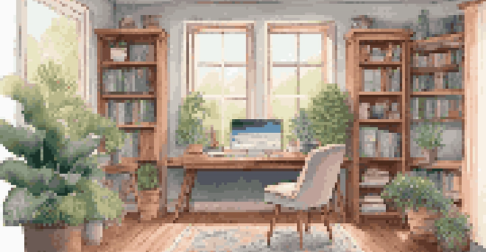 A bright and inviting home office with a desk, computer, plants, and natural light coming through the window.