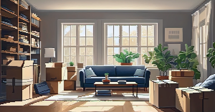 A cozy living room filled with packed moving boxes and sunlight streaming through a window.