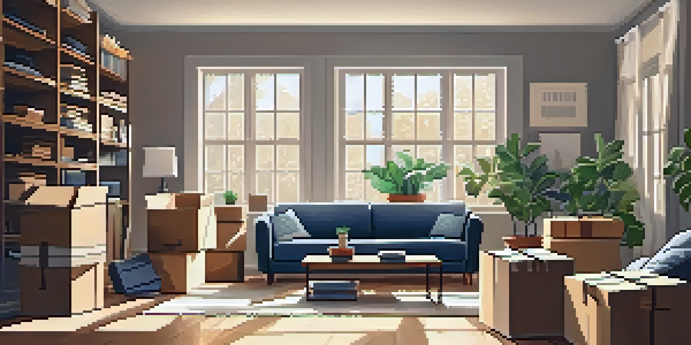 A cozy living room filled with packed moving boxes and sunlight streaming through a window.