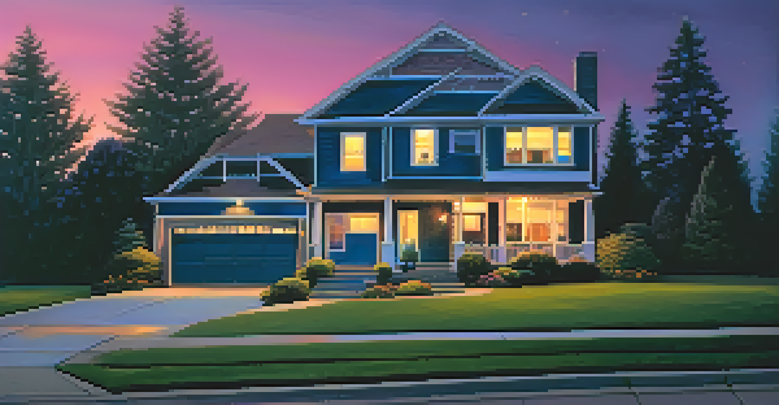 A suburban home at dusk with motion-activated lights and security cameras, creating a secure atmosphere.