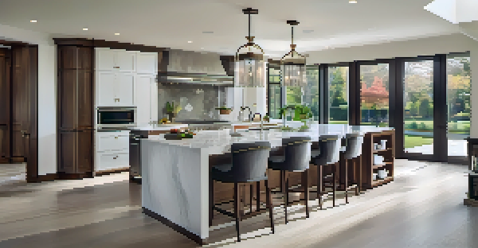 A modern kitchen with sleek cabinetry, a large marble island, and high-end appliances, illuminated by natural light and stylish pendant lights.