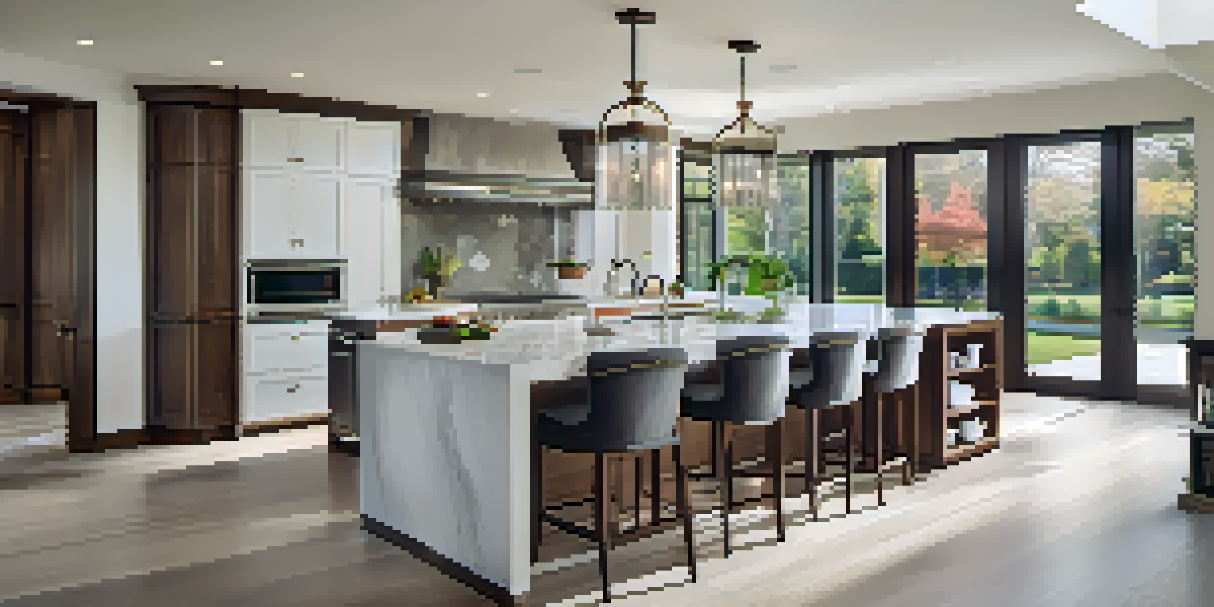 A modern kitchen with sleek cabinetry, a large marble island, and high-end appliances, illuminated by natural light and stylish pendant lights.
