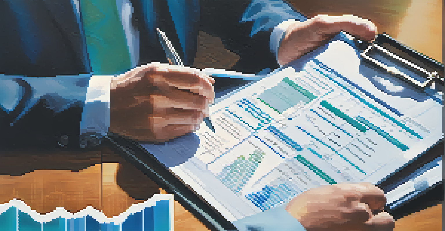 Close-up of hands holding a clipboard with financial charts and graphs, set against a blurred office background.