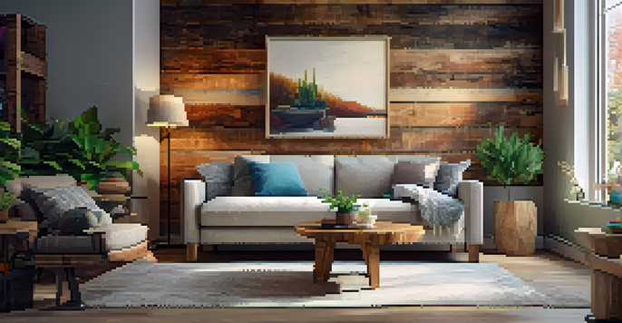 A living room with a textured reclaimed wood wall, warm lighting, and a plush sofa with colorful pillows.