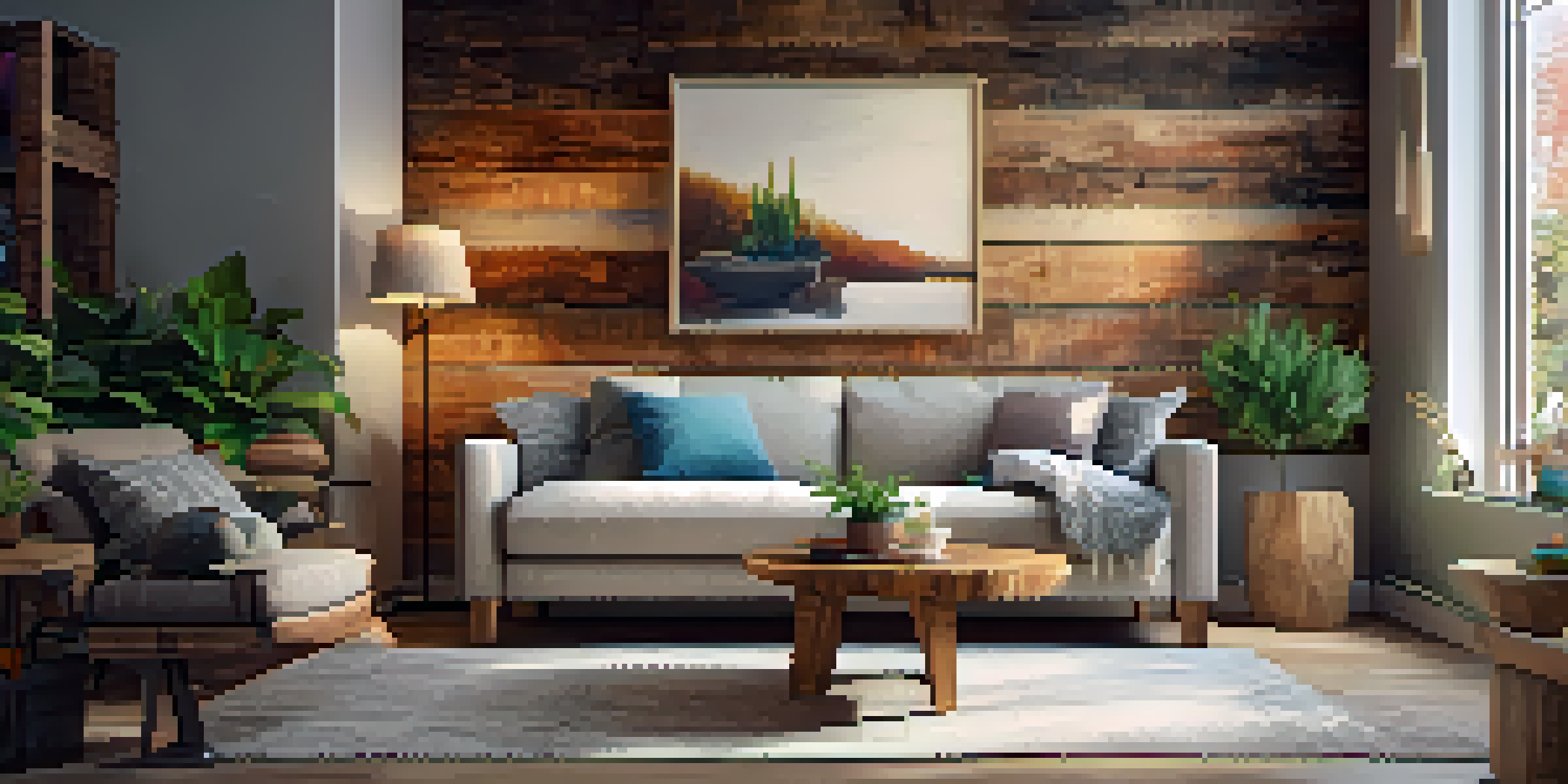 A living room with a textured reclaimed wood wall, warm lighting, and a plush sofa with colorful pillows.