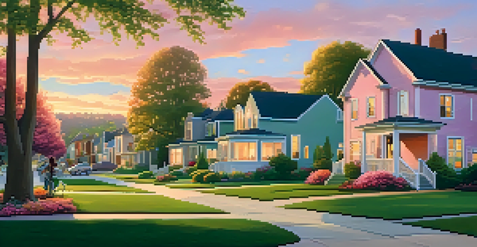 A picturesque suburban neighborhood during sunset, featuring modern homes, green lawns, and families engaging in outdoor activities.