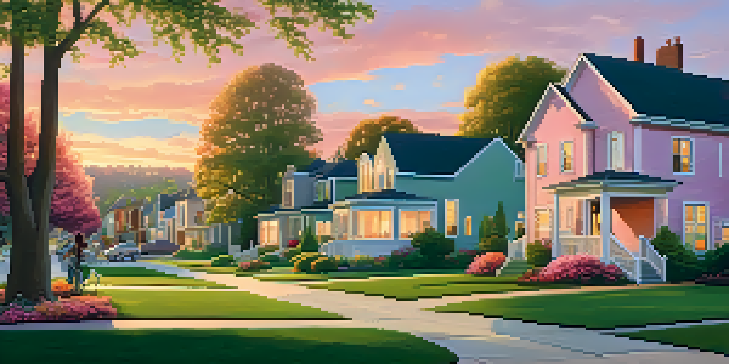 A picturesque suburban neighborhood during sunset, featuring modern homes, green lawns, and families engaging in outdoor activities.