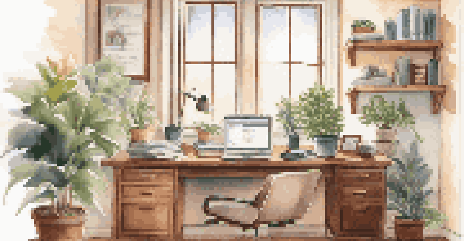 A home office with a computer displaying property tax rates, paperwork, and a coffee cup, illuminated by sunlight.