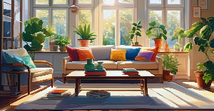 A cozy living room with a beige sofa, colorful cushions, a wooden coffee table, and potted plants, illuminated by warm sunlight.